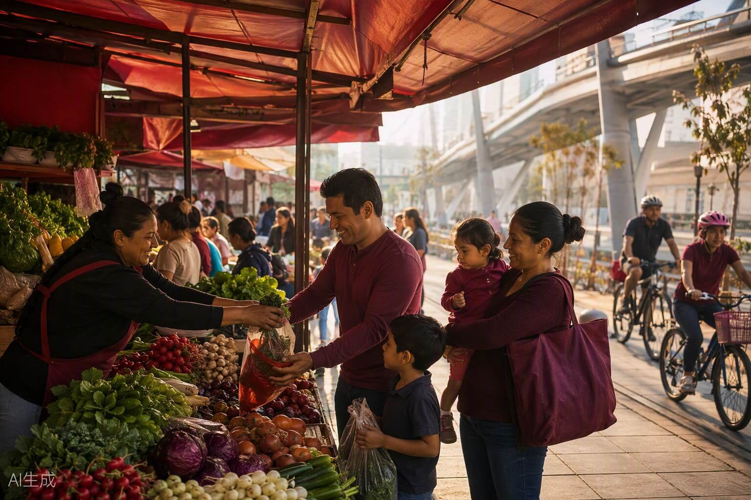 Familia mexicana en un mercado con infraestructura moderna al fondo, imagen del desarrollo y el bienestar social